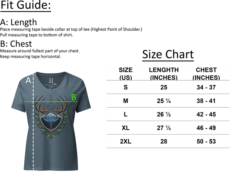 Size chart for Women's Bigfoot Camo Challenge V-Neck Tee