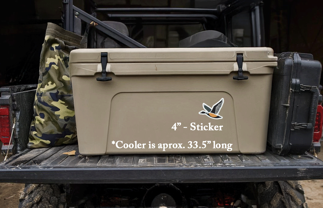 Four inch drake edition die cut sticker featuring a flying waterfowl duck in multicolor placed on a rotomolded cooler.