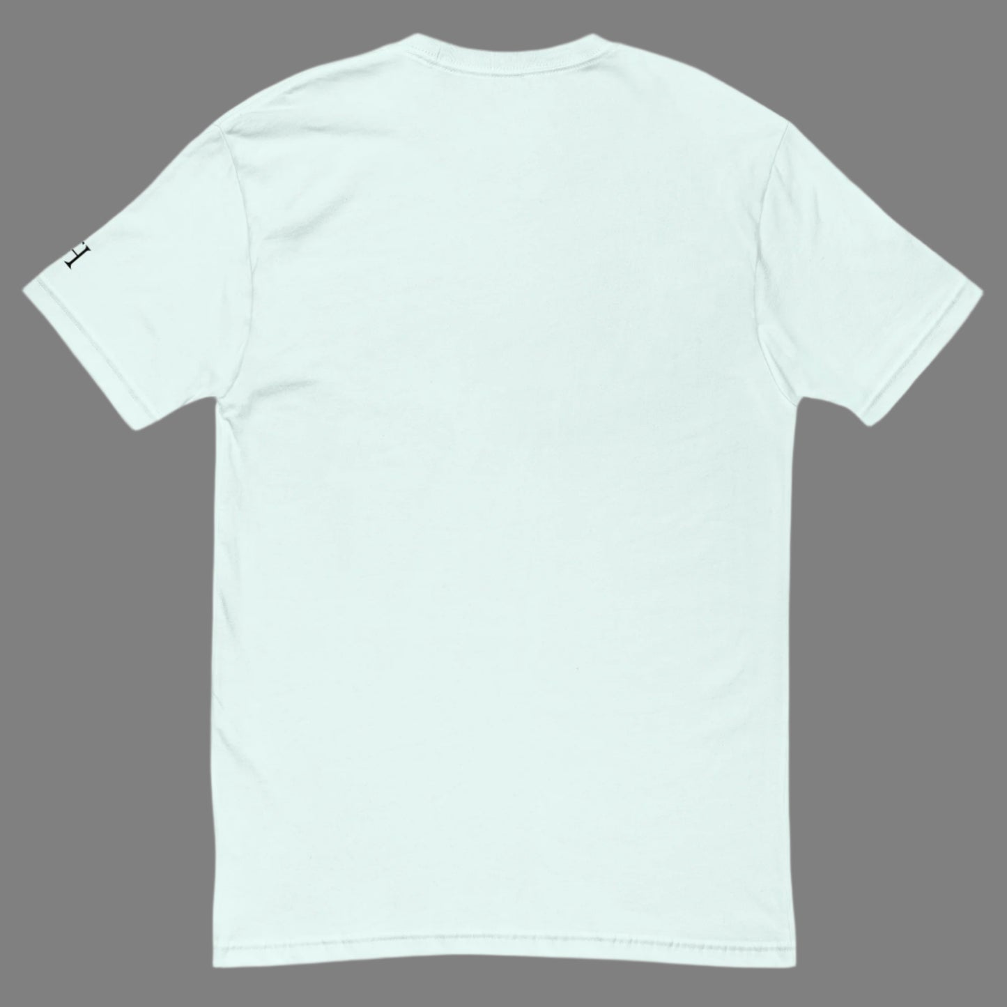 Back of light blue T-shirt, blank with no graphics or text.