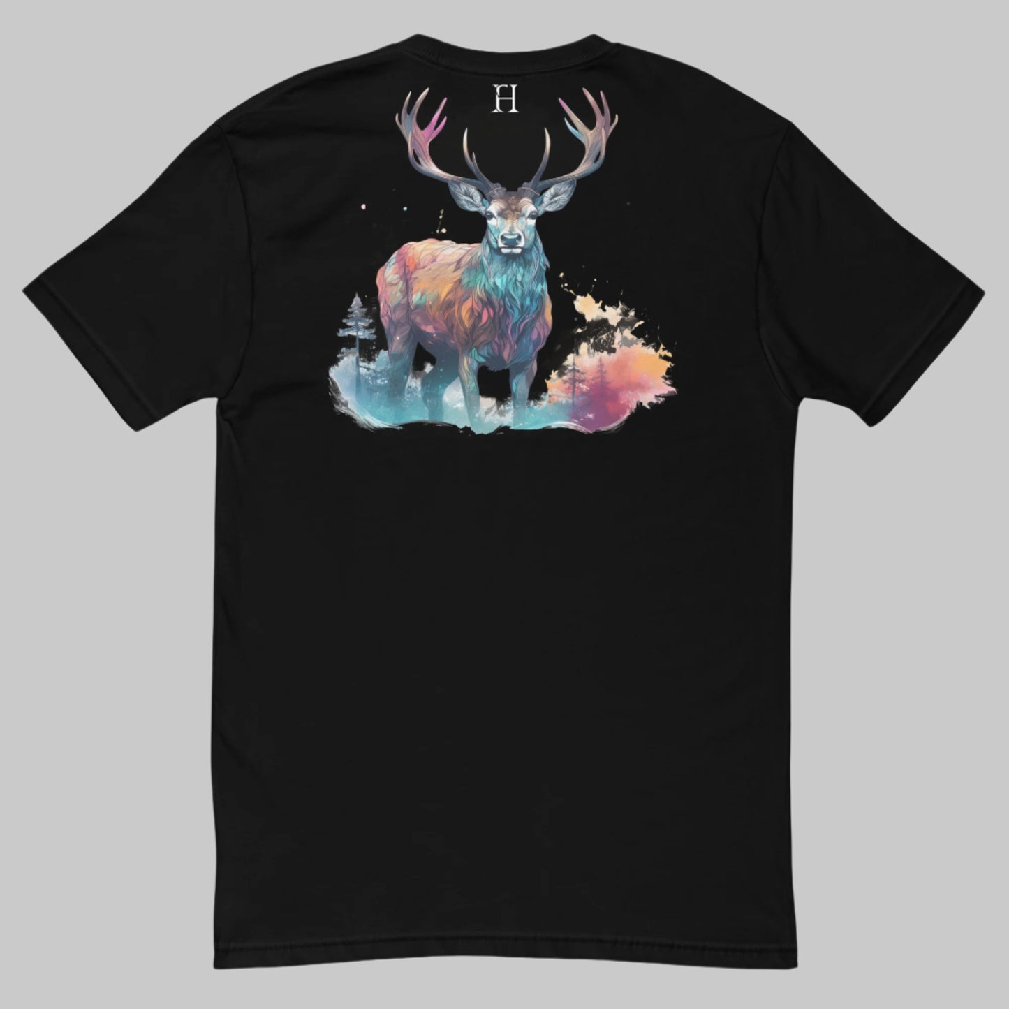 Back of Majestic Buck T-Shirt in Black with a colorful buck deer graphic, and FH logo at top center in white.