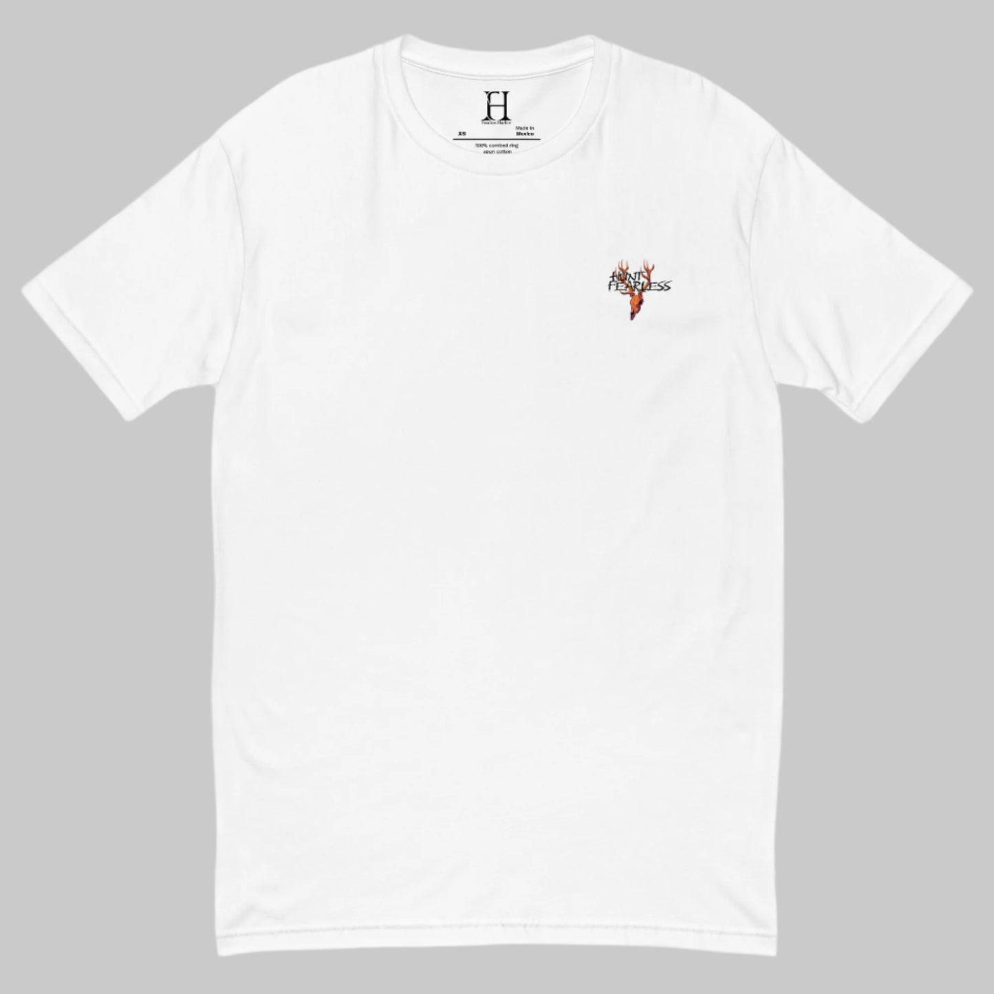 Front of Majestic Buck T-Shirt in Black, with deer logo and the words Hunt Fearless.