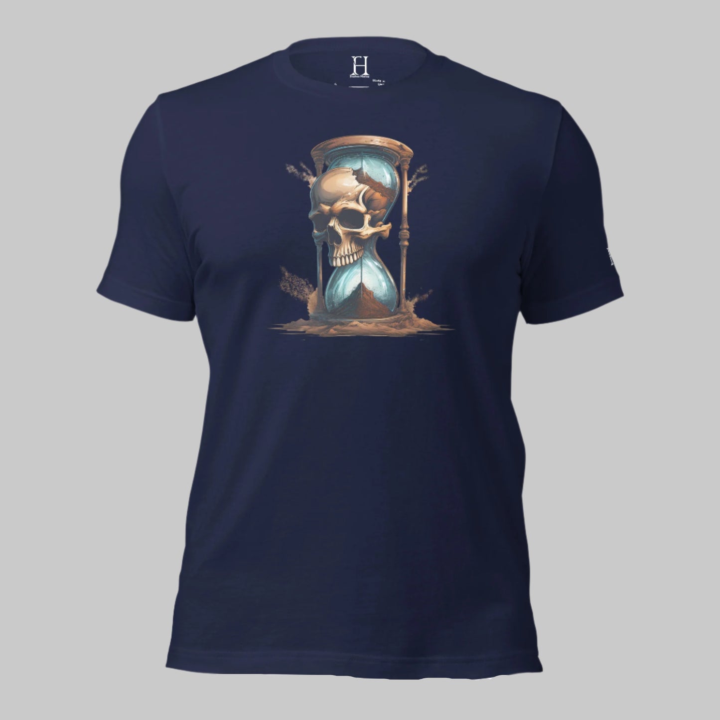 Front of Race Against Time Staple T-Shirt in Nasvy with a sand of time hourglass made with a skull design.