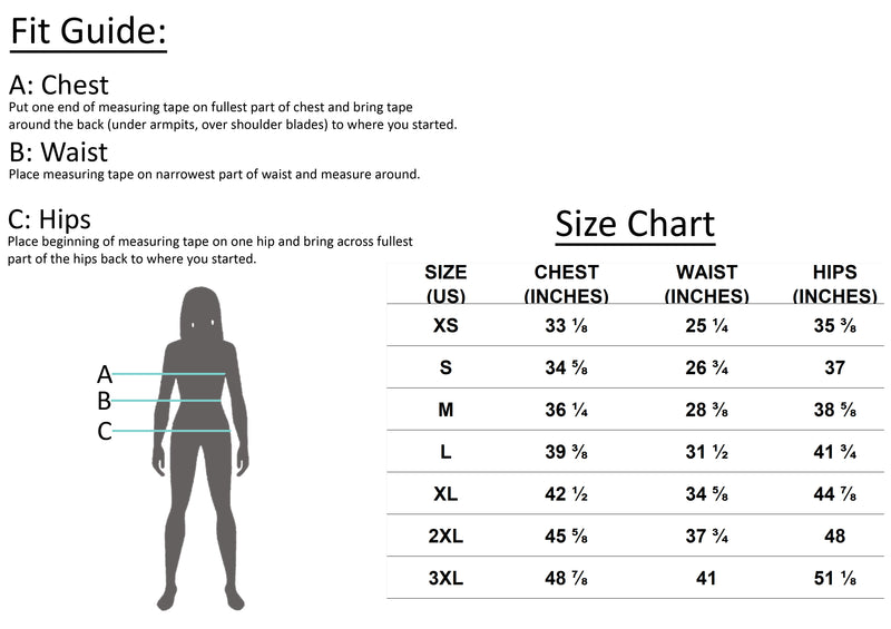 Size chart for Women's Fearless Growth Athletic Tee