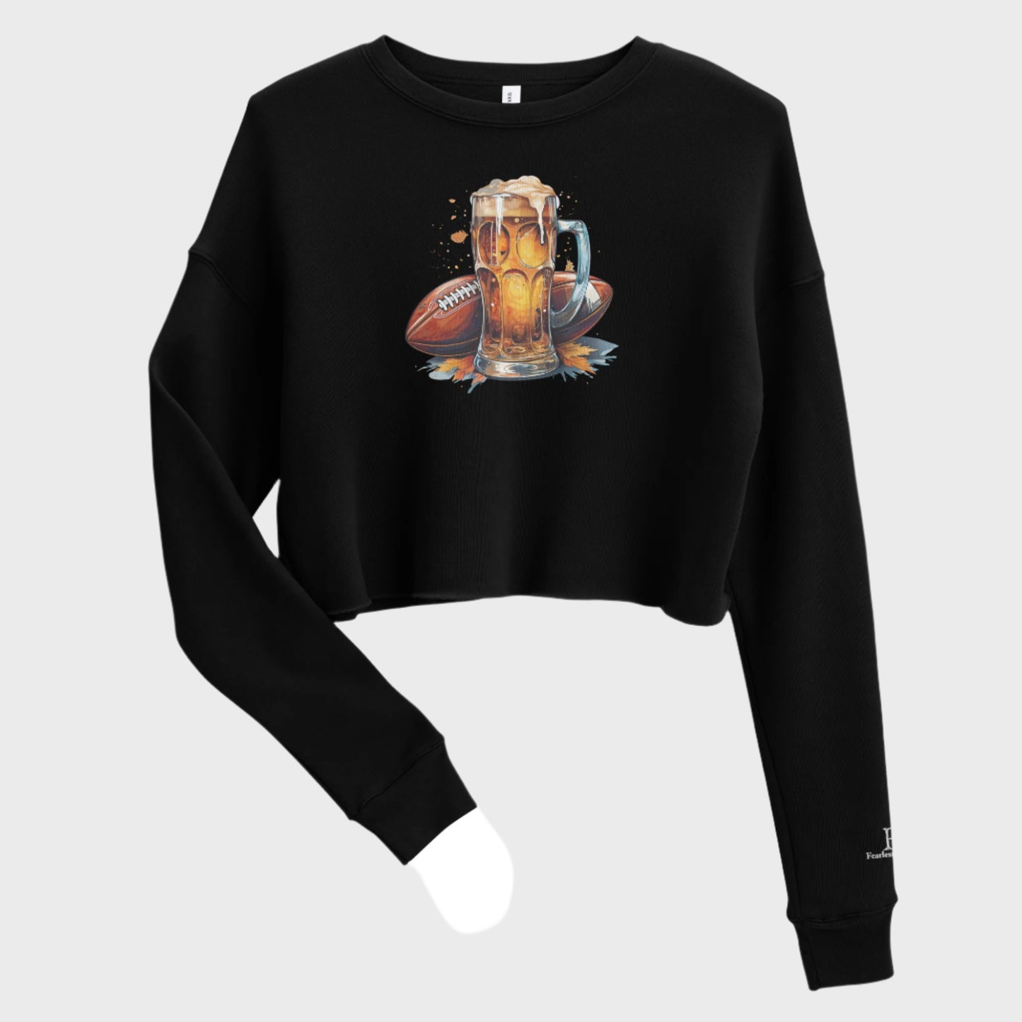 Front of Autumn Tailgate Fleece Crop Sweatshirt in Black with Fall time football and beer design.