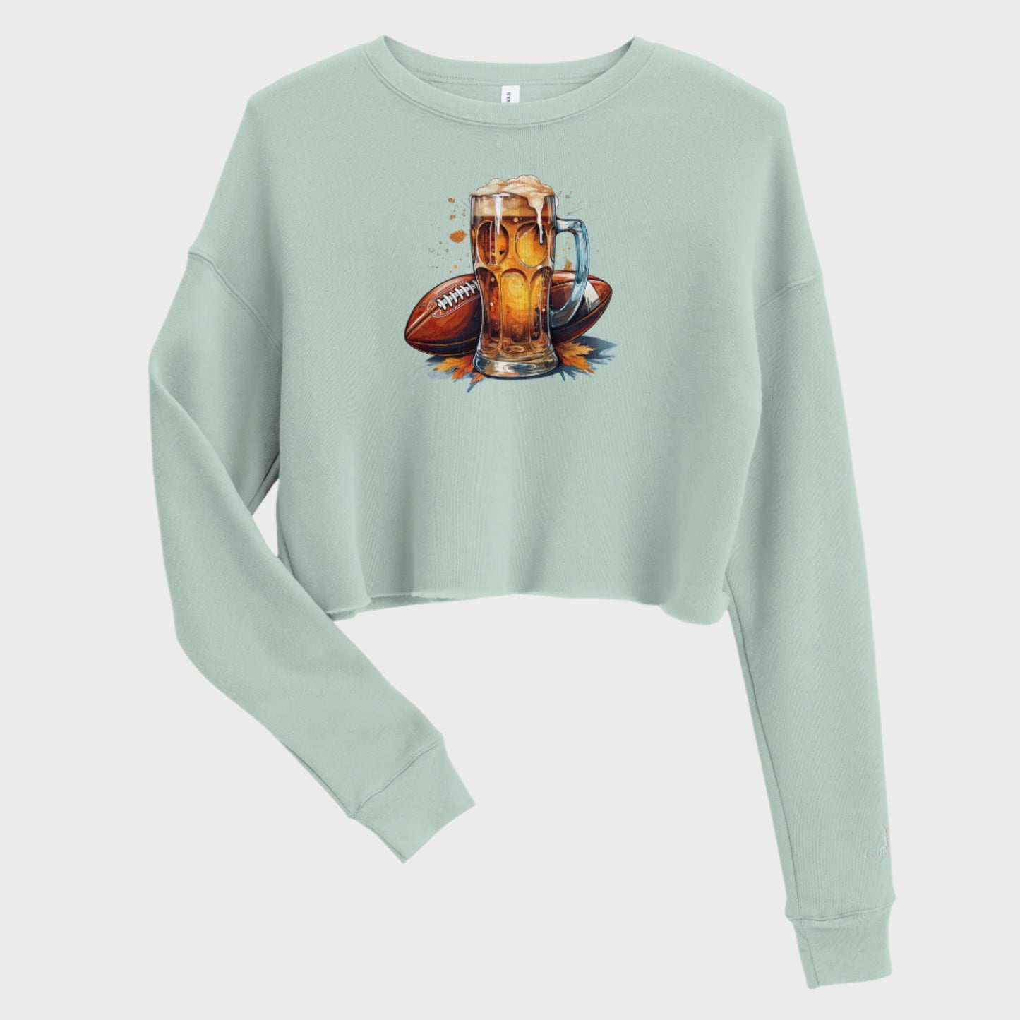 Front of Autumn Tailgate Fleece Crop Sweatshirt in Dusty Blue with Fall time football and beer design.