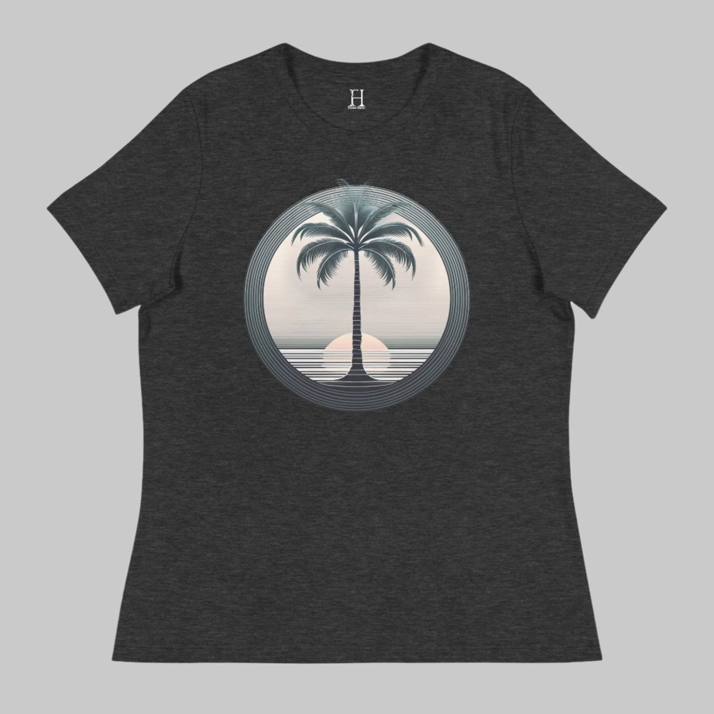Front of T-Shirt in Dark Grey with a Palm Tree and Sunset in background design.