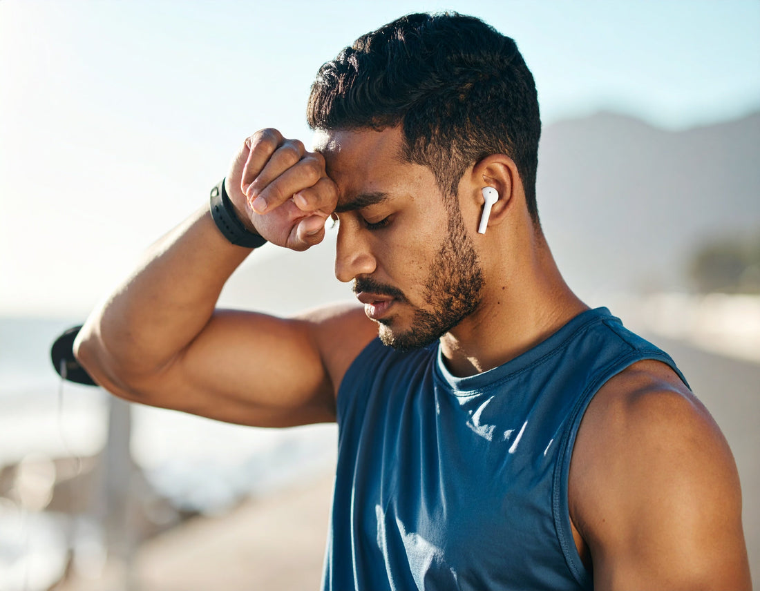 Fit man outdoors appearing exhausted, highlighting the impact of poor sleep on physical performance in rugged environments.