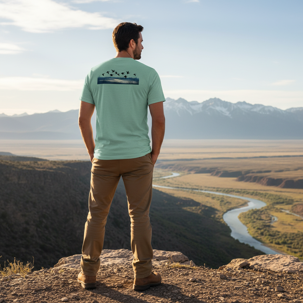Man standing outdoors wearing a waterfowl duck hunting Tee.