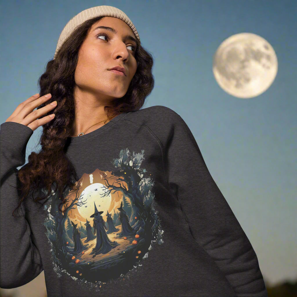 Front of woman wearing Halloween Witch Coven Sweatshirt in Charcoal Black