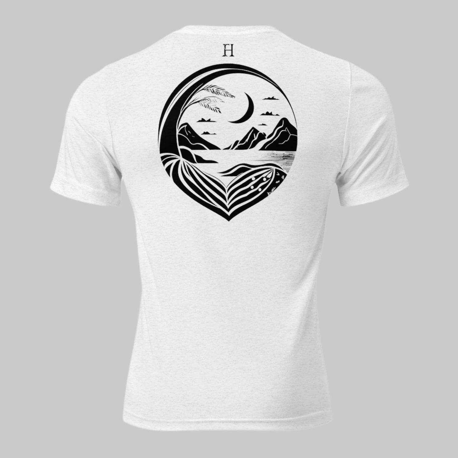 Back of Night Harbor Tee in White with Ocean Design.