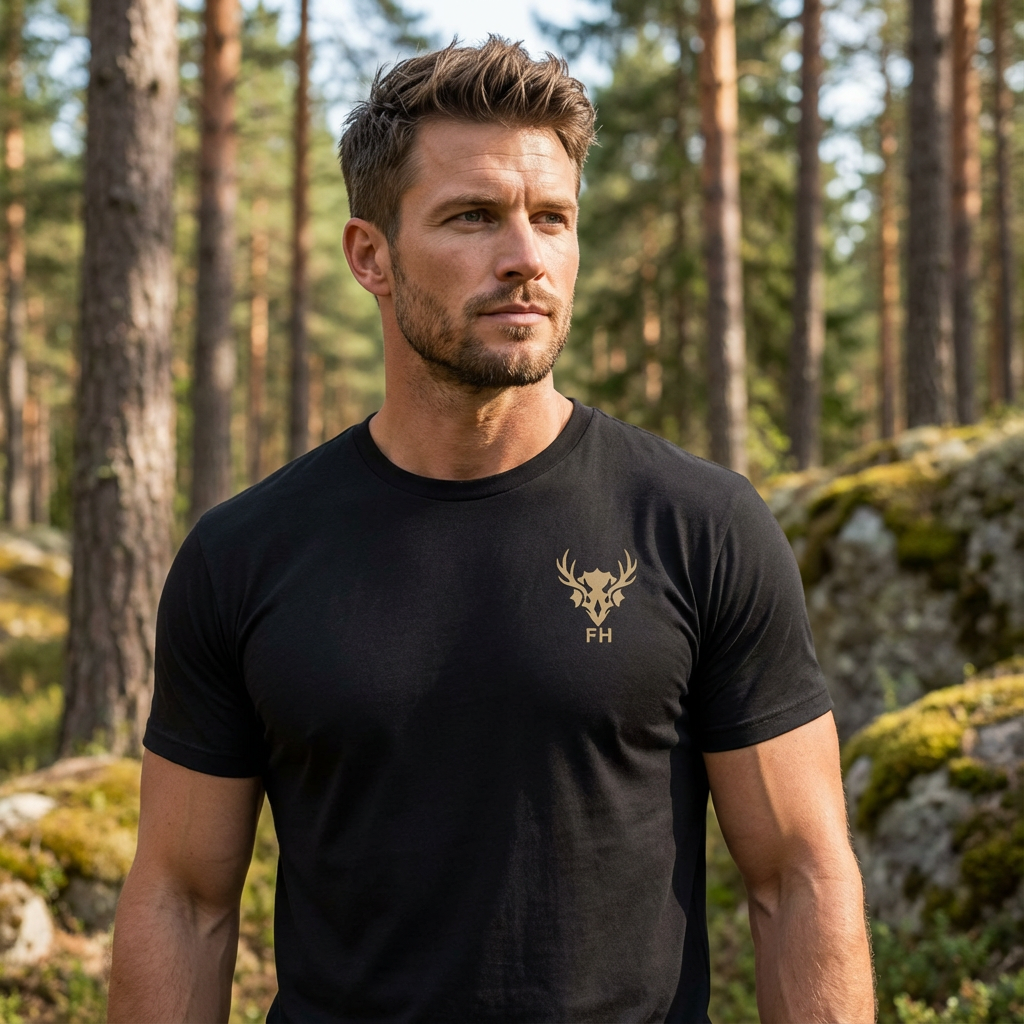 Front view of hunter wearing the Black Heather Ancient Knows Ancient tee in a natural outdoor setting