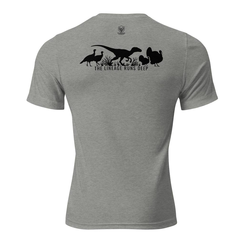 Athletic Grey mens turkey hunting graphic tee back view showing raptor walking between turkeys with The Lineage Runs Deep graphic