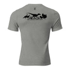 Athletic Grey mens turkey hunting graphic tee back view showing raptor walking between turkeys with The Lineage Runs Deep graphic