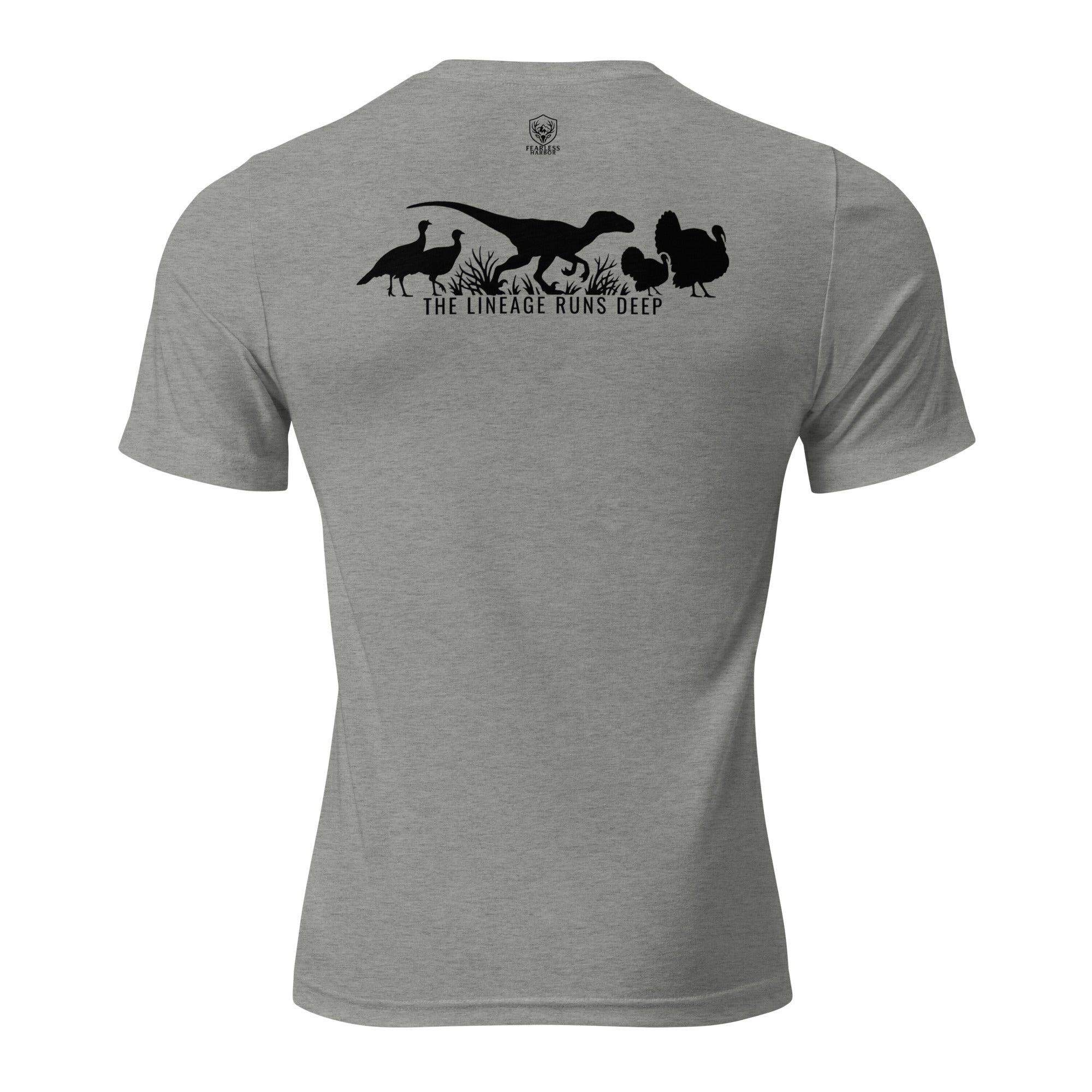 Athletic Grey mens turkey hunting graphic tee back view showing raptor walking between turkeys with The Lineage Runs Deep graphic
