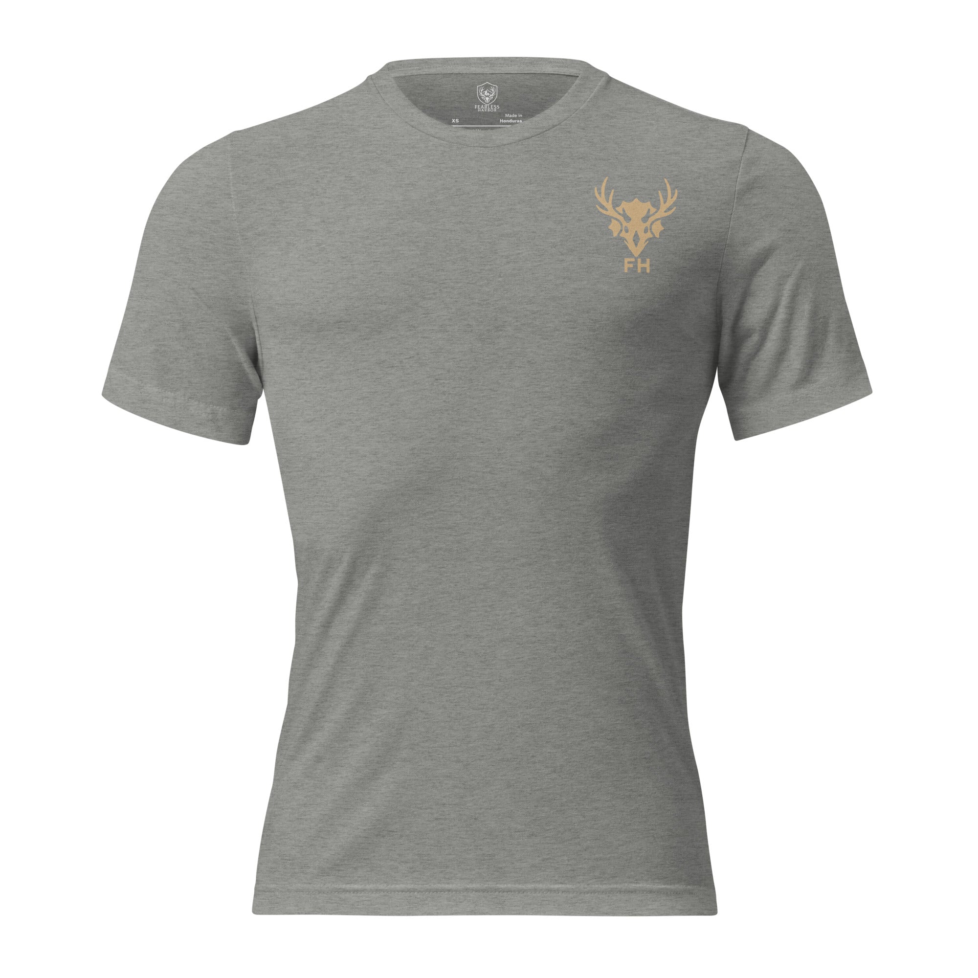 Athletic Grey mens turkey hunting graphic tee front view with Fearless Harbor chest mark