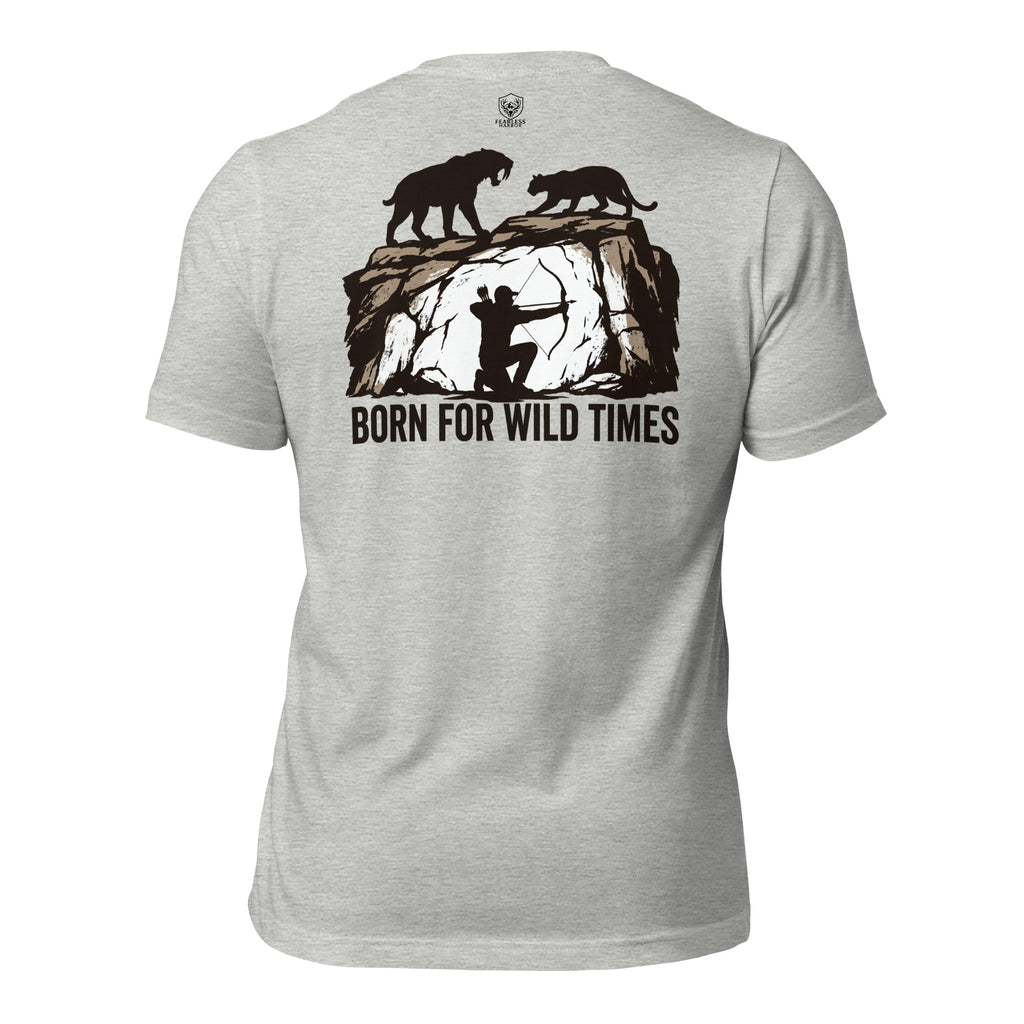 Mens athletic heather primitive hunting shirt showing Born for Wild Times ancient hunter graphic