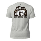 Mens athletic heather primitive hunting shirt showing Born for Wild Times ancient hunter graphic