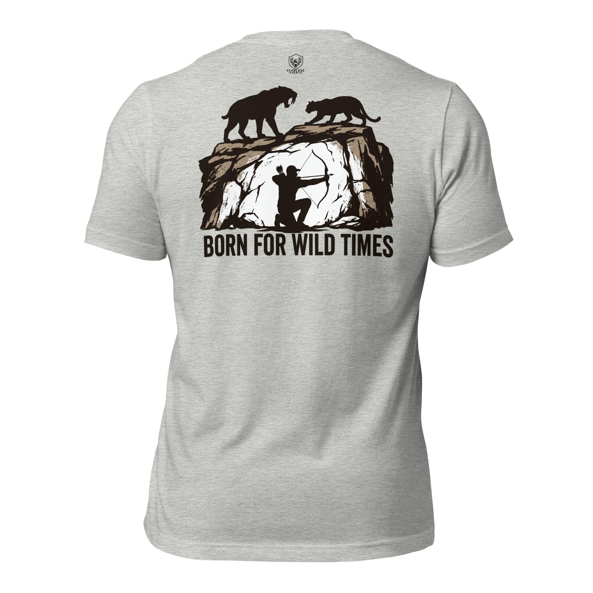 Mens athletic heather primitive hunting shirt showing Born for Wild Times ancient hunter graphic