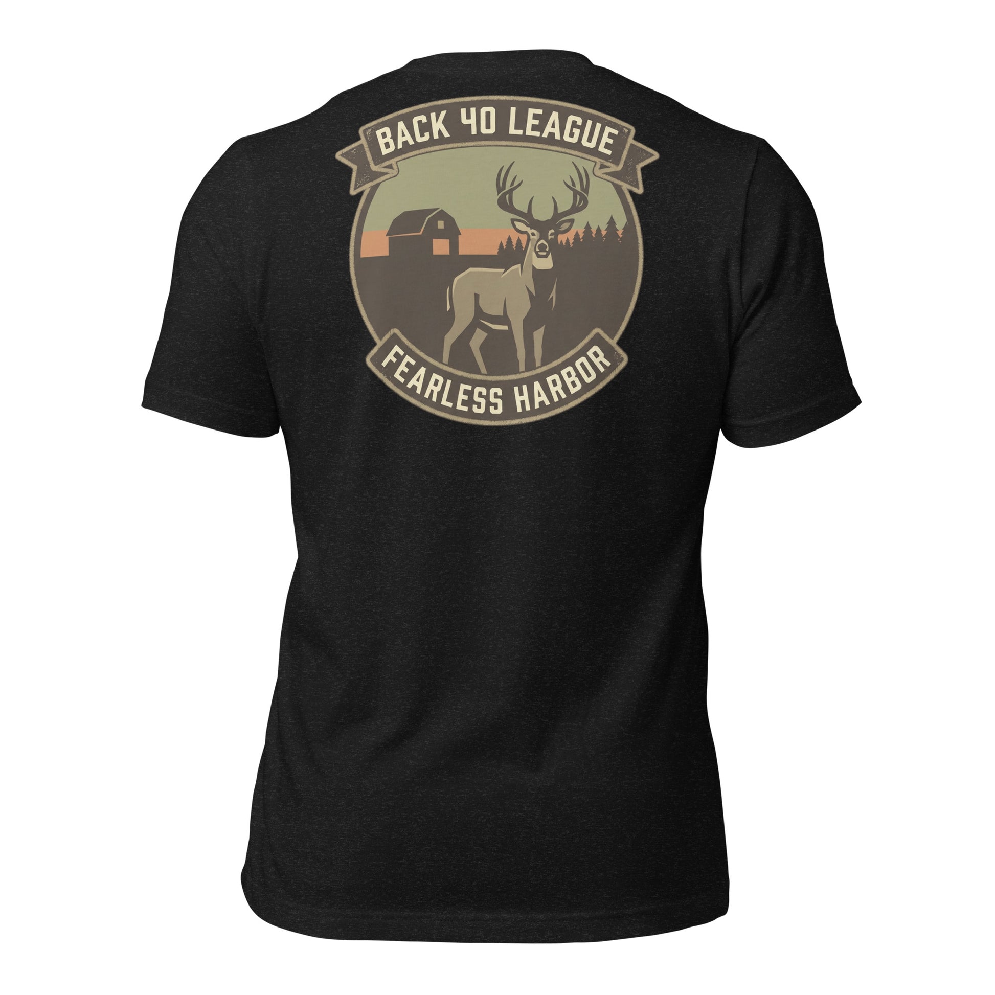 Back view of Back 40 League Whitetail Classic Tee in black heather – men’s whitetail hunting lifestyle shirt