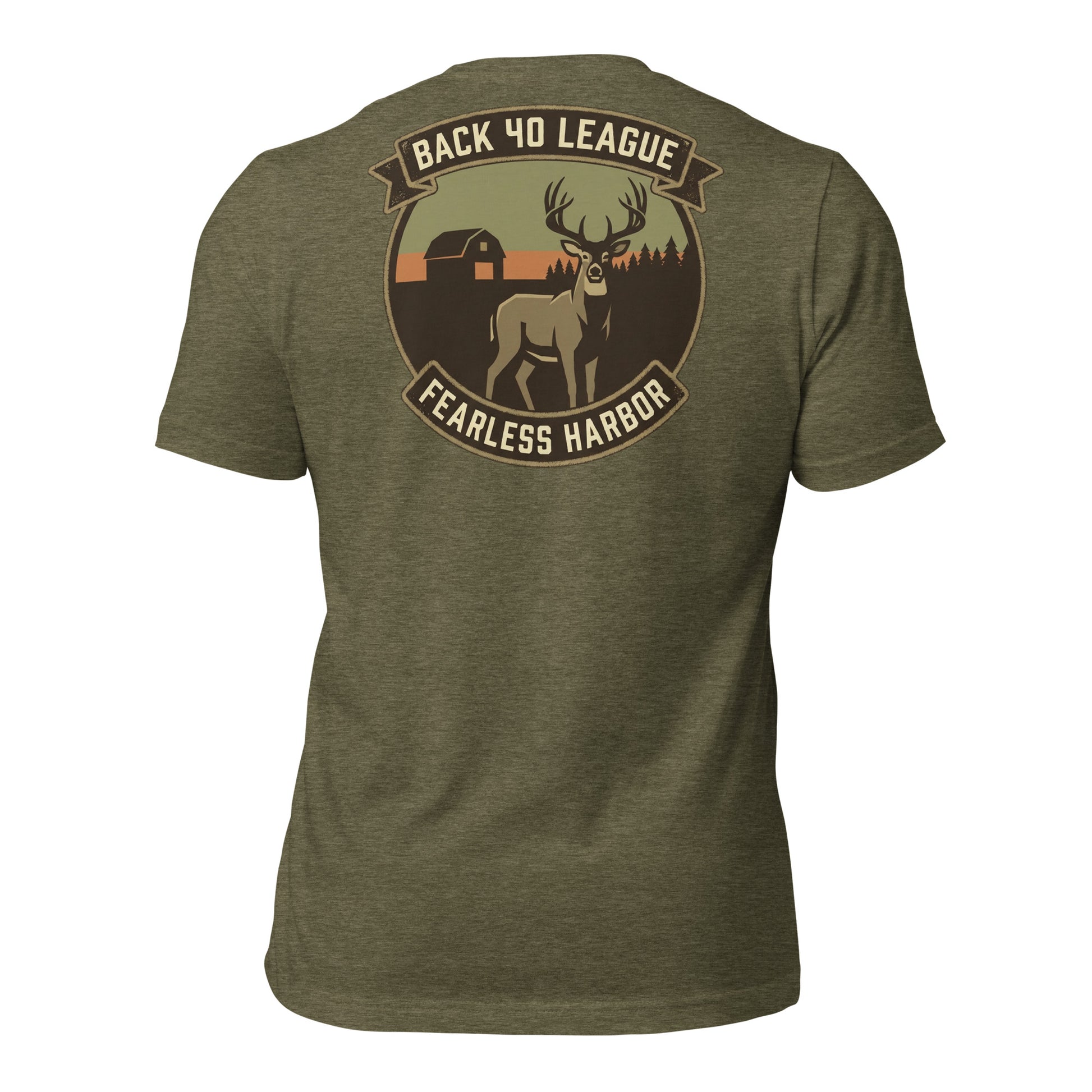 Back view of Back 40 League Whitetail Classic Tee in heather olive – men’s hunting lifestyle tee