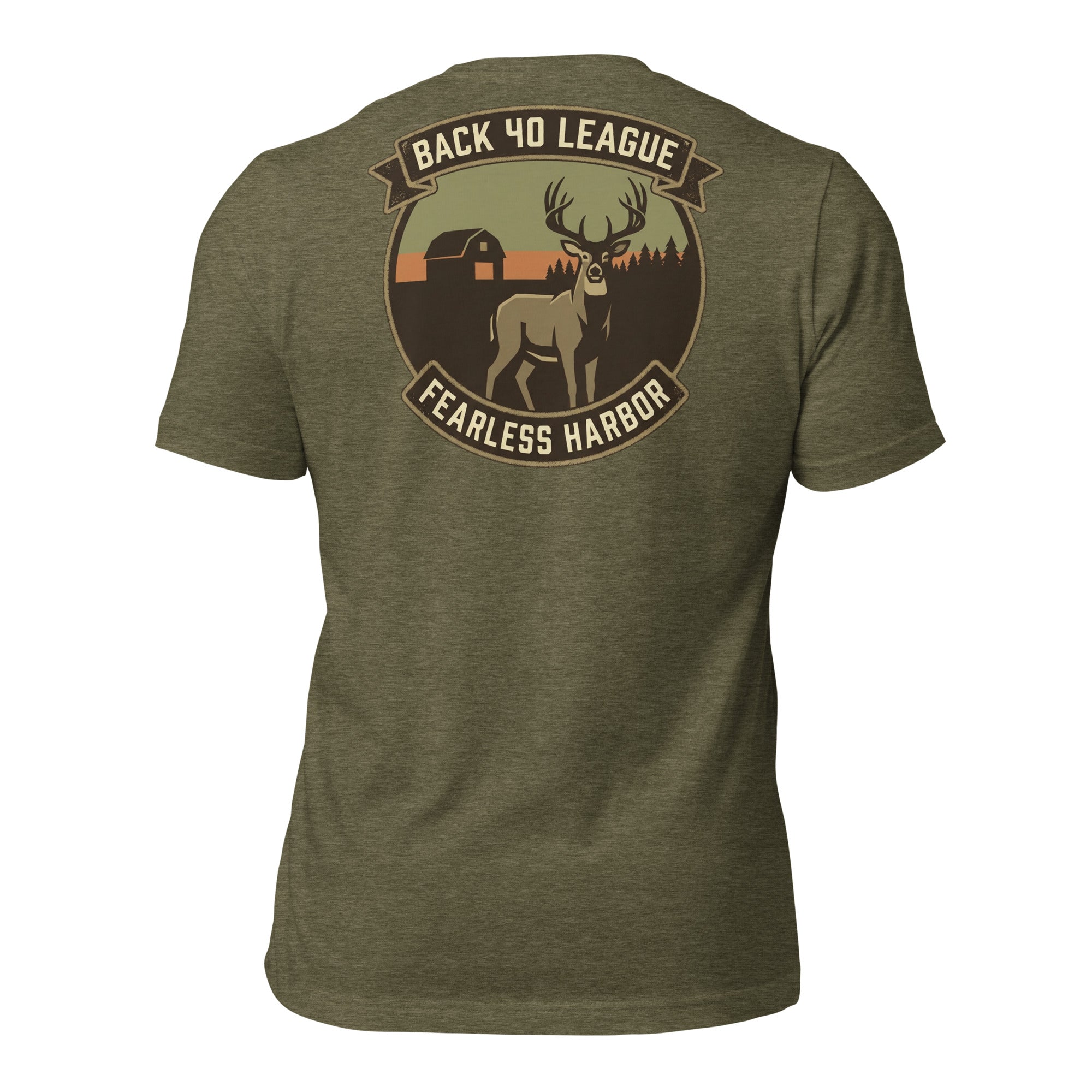 Back view of Back 40 League Whitetail Classic Tee in heather olive – men’s hunting lifestyle tee