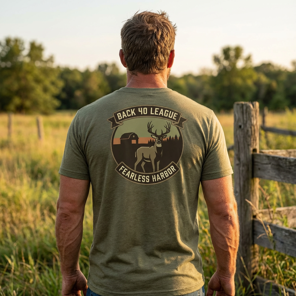 Man in an outdoor field and forest setting wearing the Back 40 League Whitetail Classic Tee in heather olive – back view