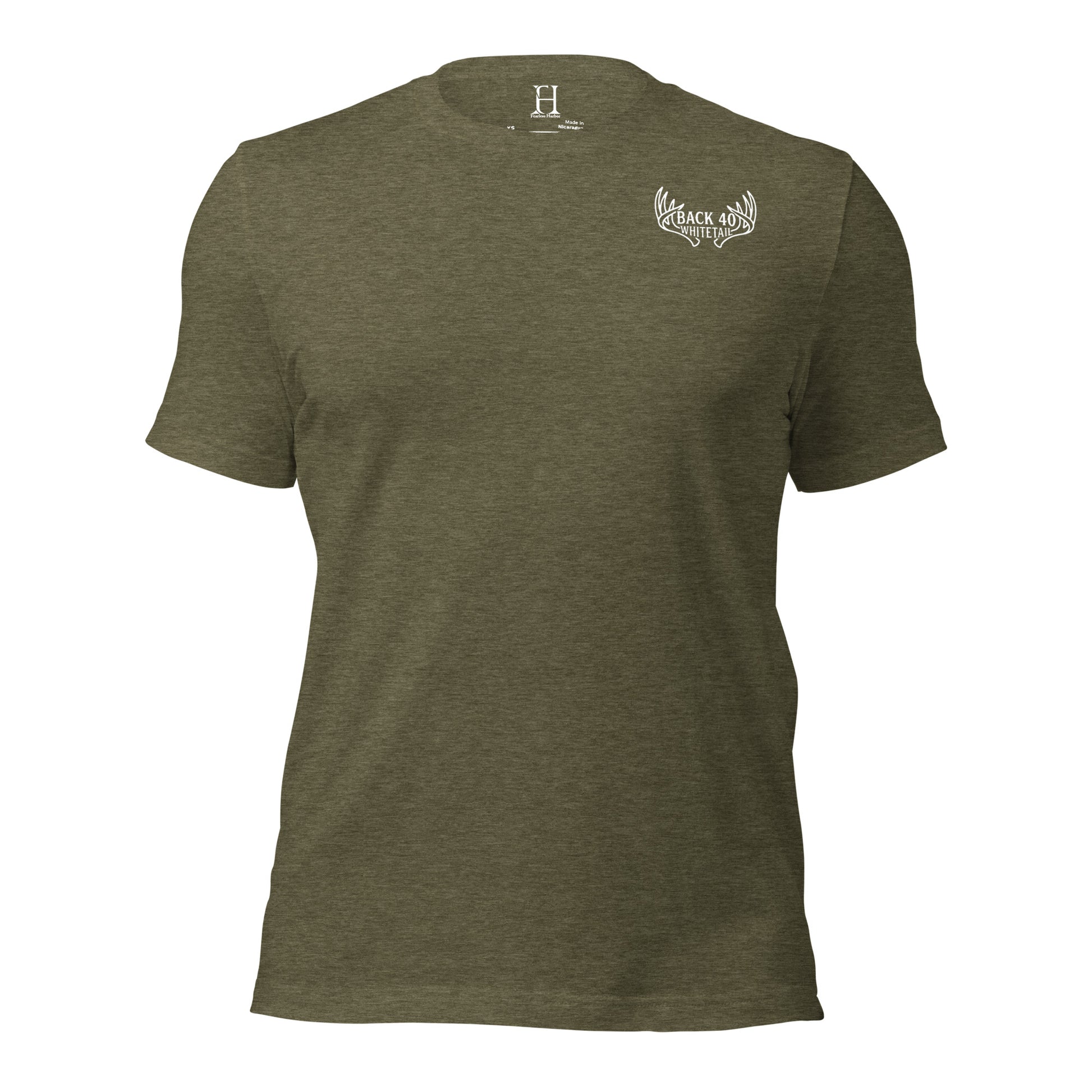 Front view of Back 40 League Whitetail Classic Tee in heather olive – men’s whitetail hunting shirt