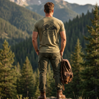 Man in a green Bigfoot Hunting What if he hunts us t-shirt and pants standing in a forest with mountains in the background