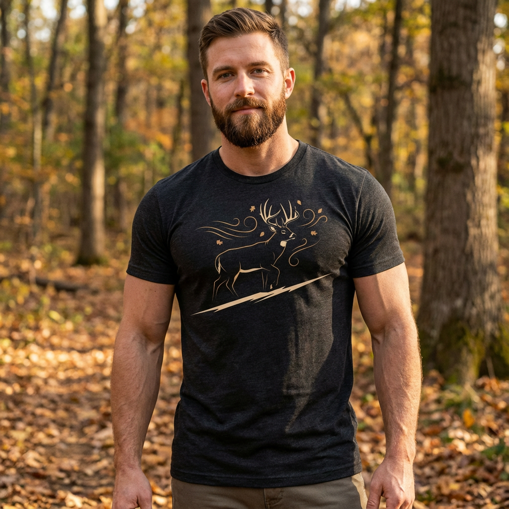 Man standing outdoors in a field and treeline wearing the Men’s Rut Line Heritage Tri-Blend Tee in charcoal black – front view whitetail rut hunting shirt