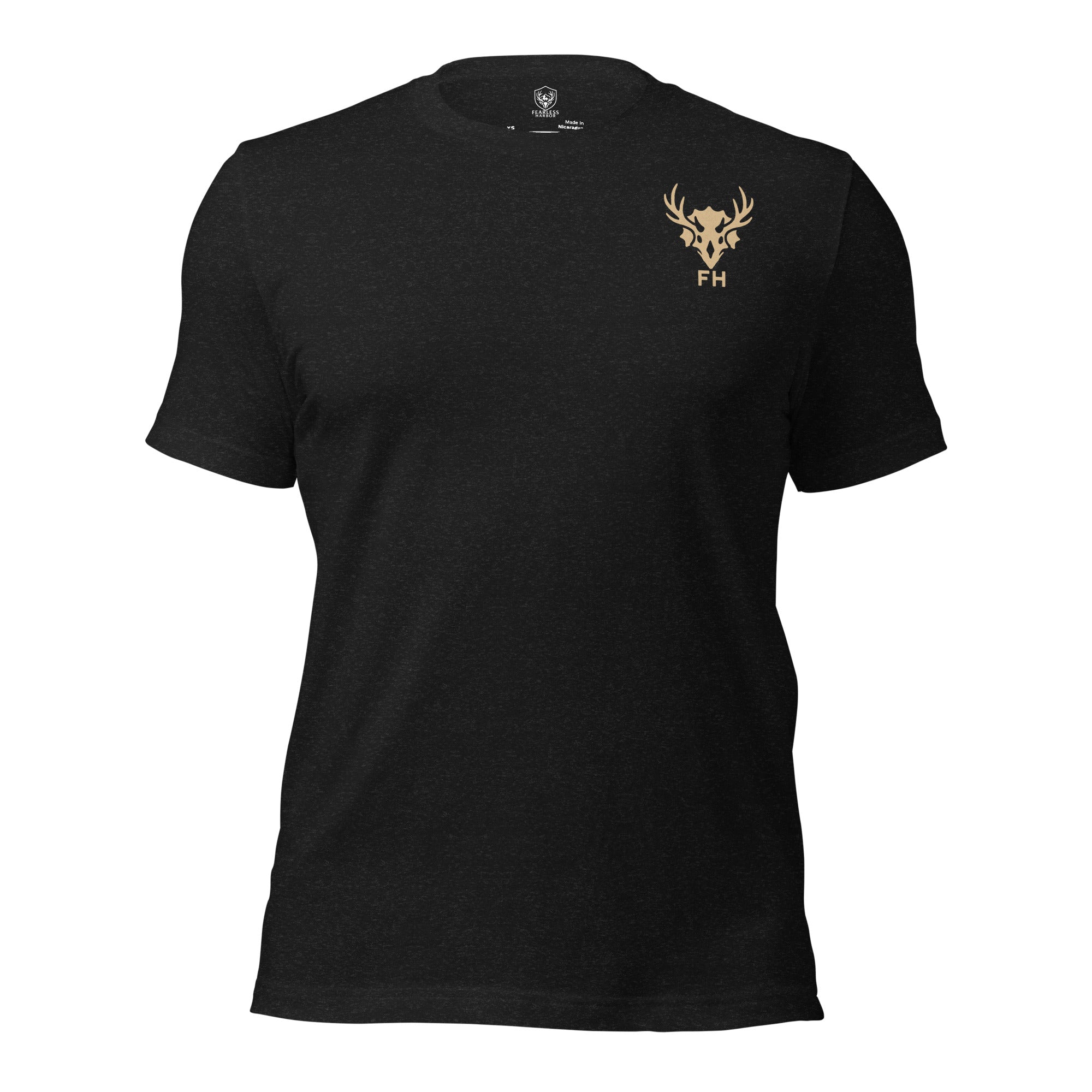 Men’s black heather hunting tee with subtle Fearless Harbor chest emblem