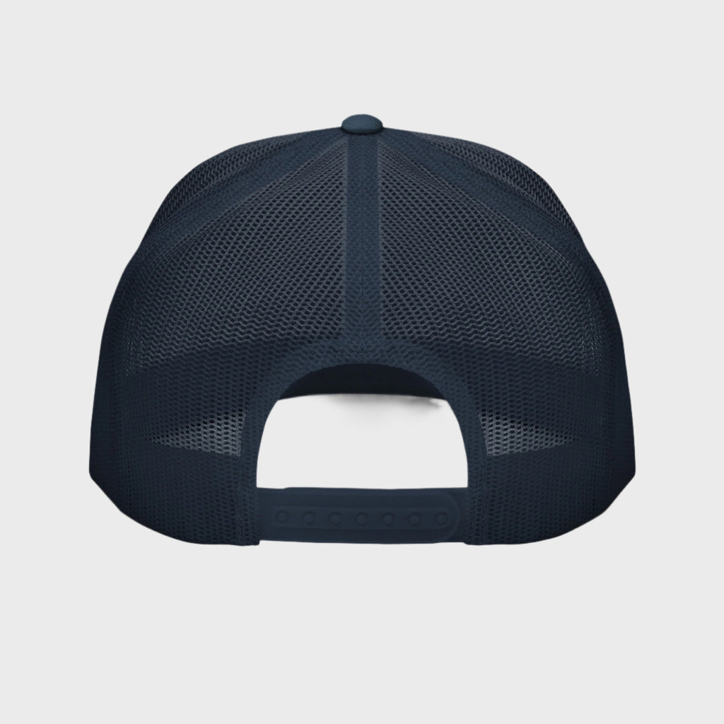 Back of Bold Skull Hat in Navy and White, with navy snap enclosure and mesh.
