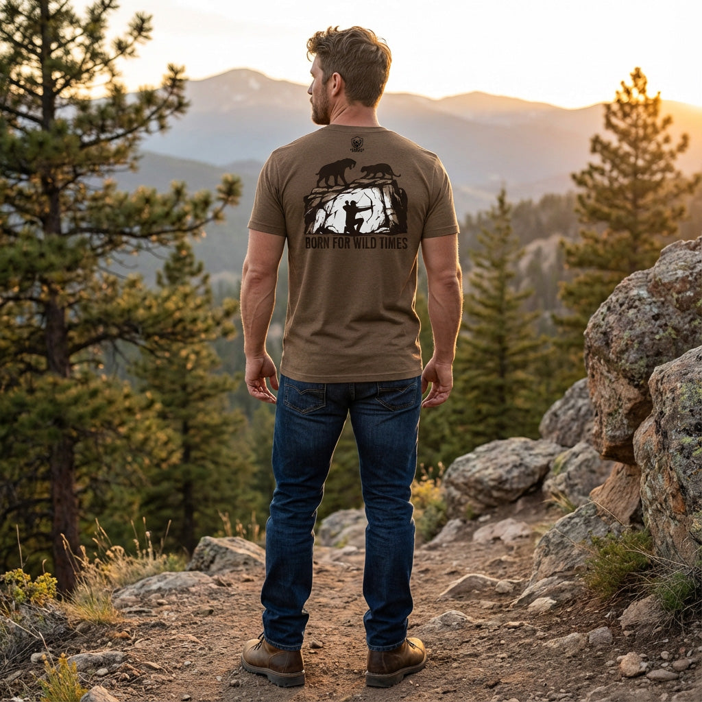 Mens brown heather primitive hunting shirt worn outdoors back view