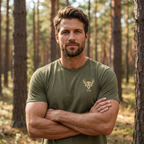 Mens olive heather primitive hunting shirt worn outdoors front view