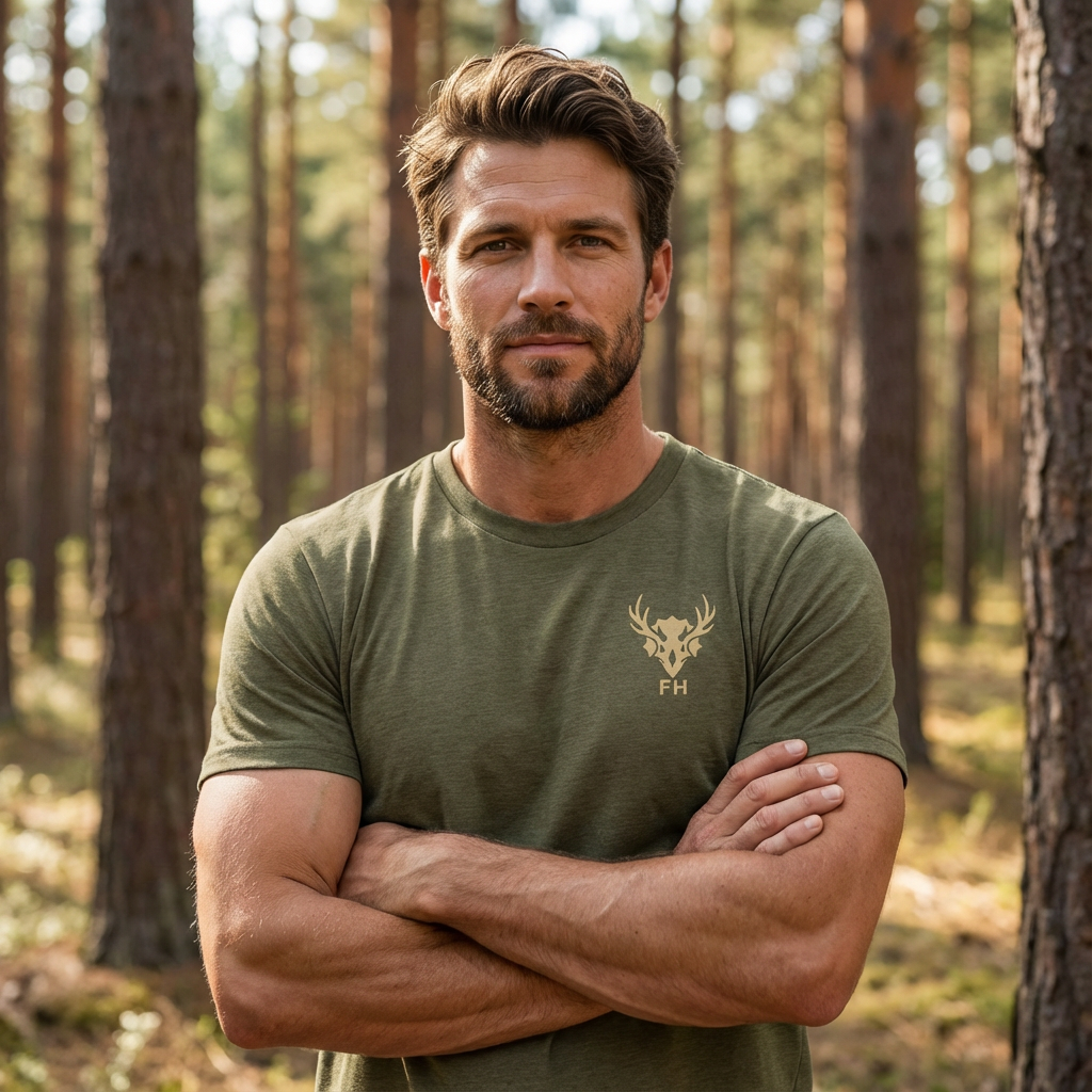 Mens olive heather primitive hunting shirt worn outdoors front view