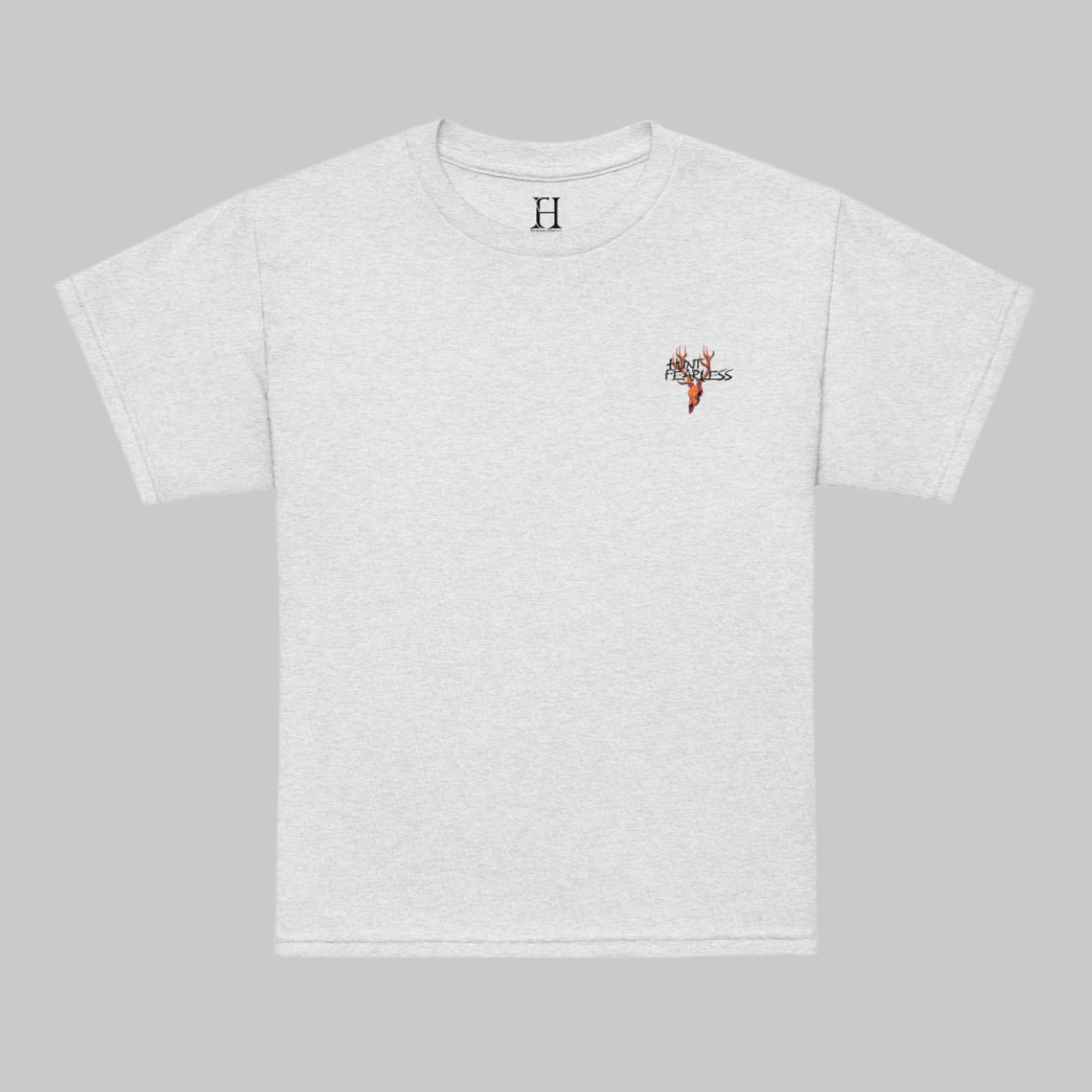 Front of Bigfoot Camo Challenge T-Shirt in Ash with deer logo and the words Hunt Fearless.