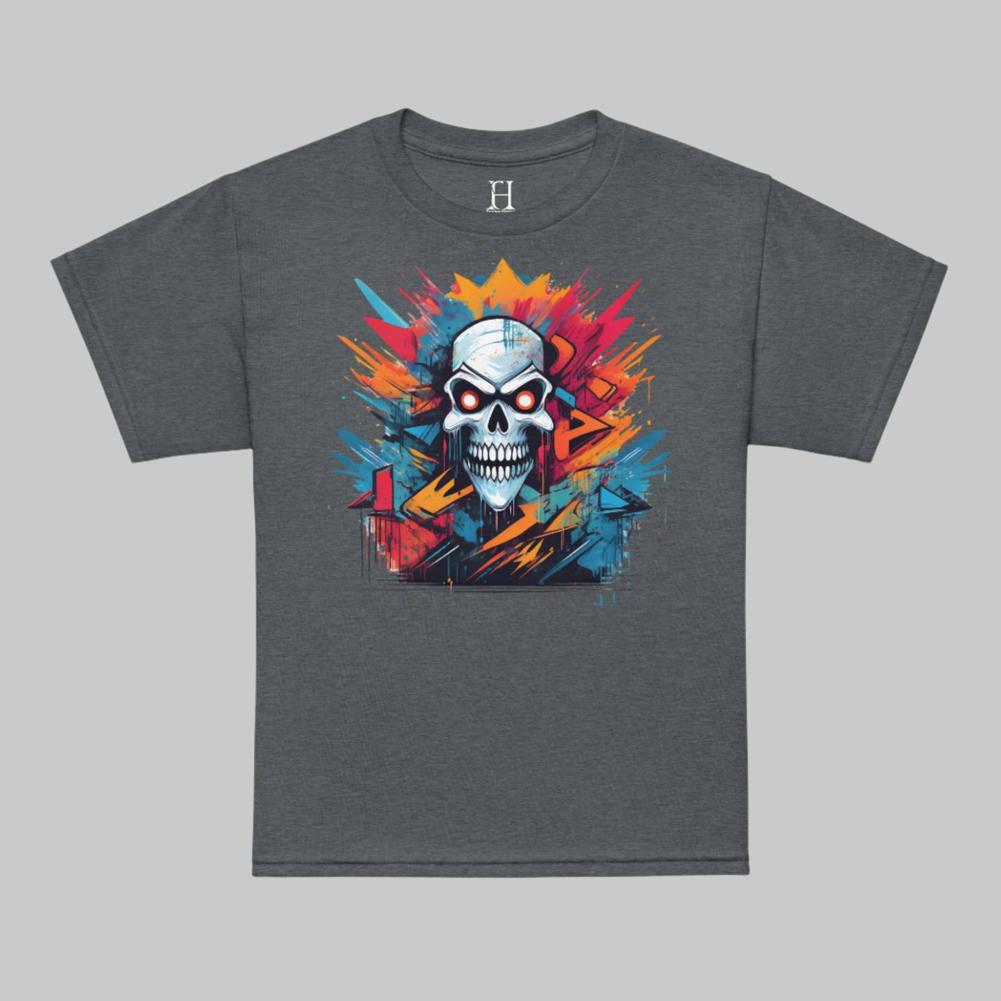 Front of T-shirt in Dark Grey with Grinning Skull in multiple colors design.