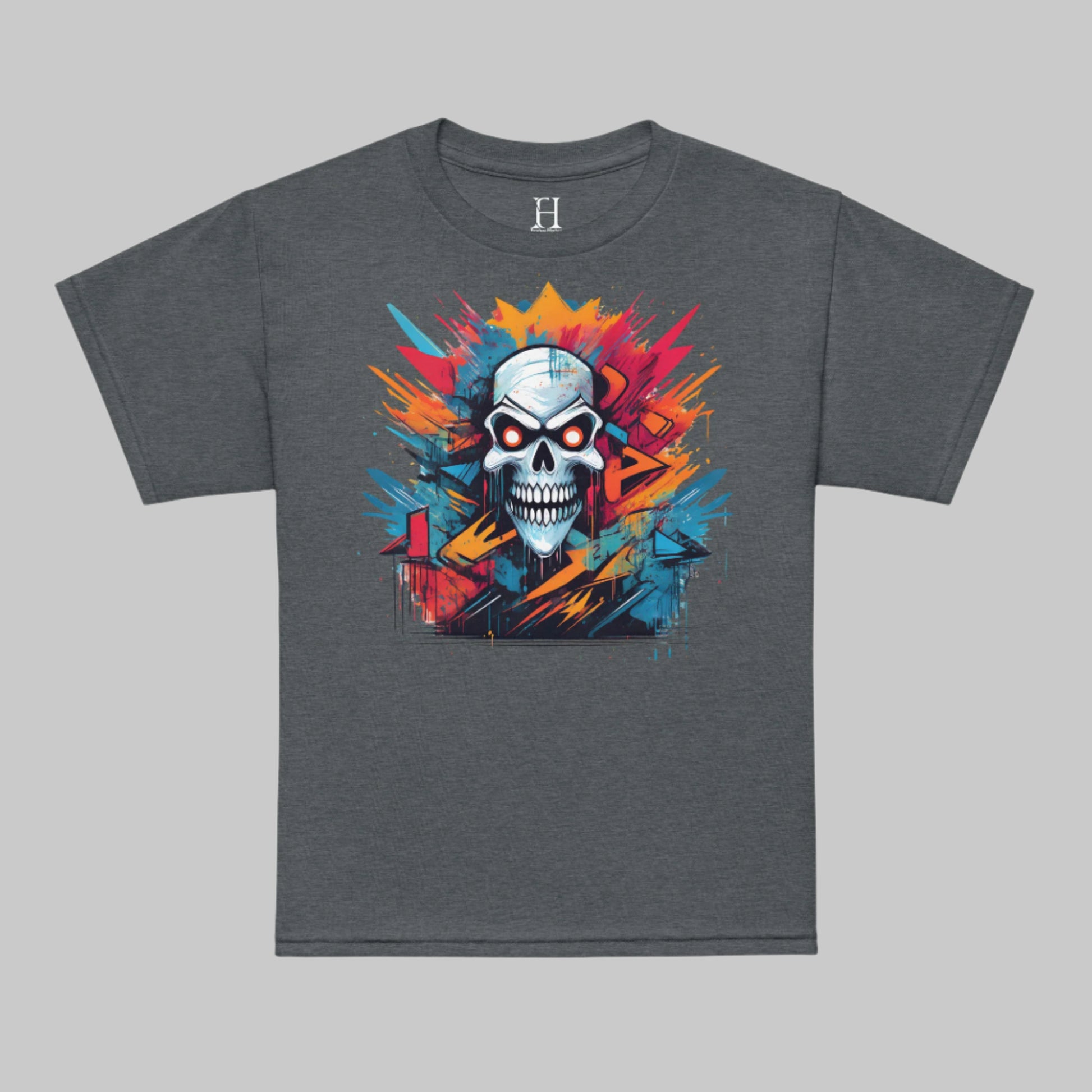 Front of T-shirt in Dark Grey with Grinning Skull in multiple colors design.