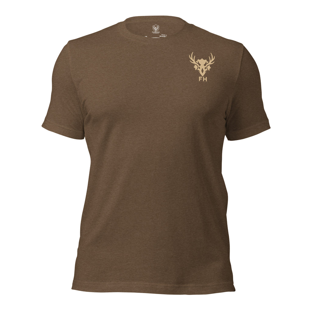 Mens brown heather primitive hunting shirt with Fearless Harbor chest logo
