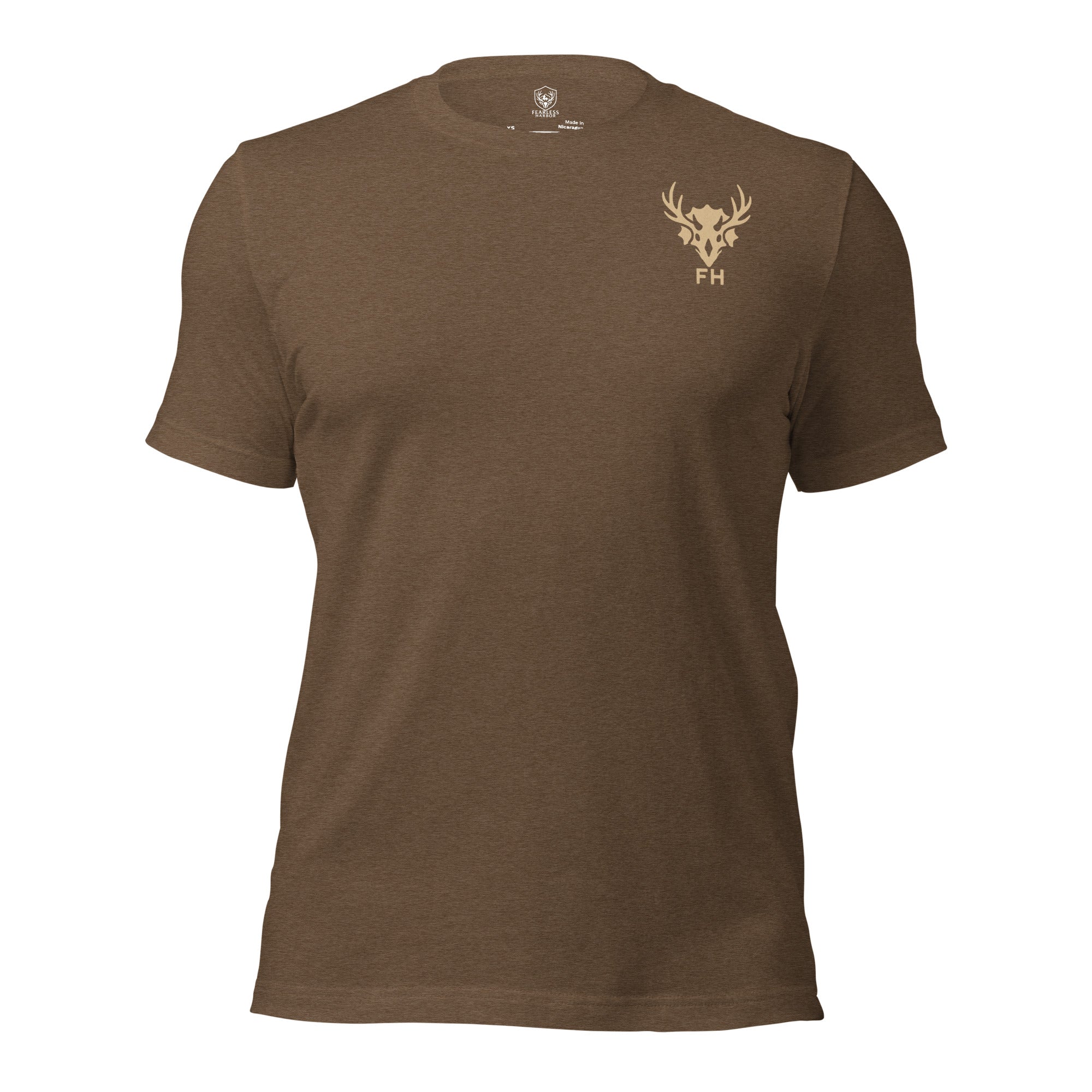 Mens brown heather primitive hunting shirt with Fearless Harbor chest logo