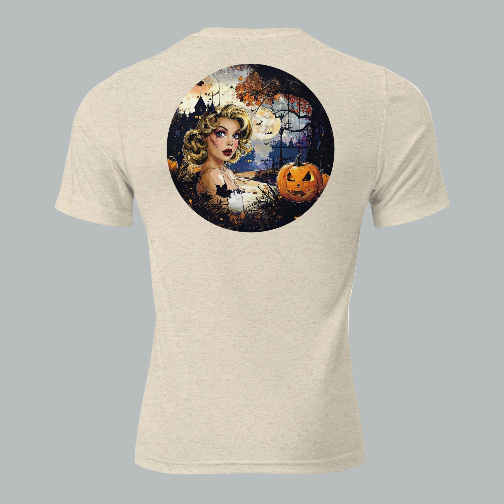 Back view of Enchanted Night Siren Tee in Oatmeal, featuring vintage haunted night design.