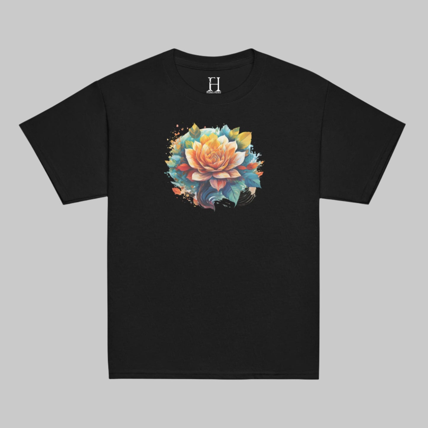 Front of Flora Vibes T-Shirt in Black with Floral Flower design.