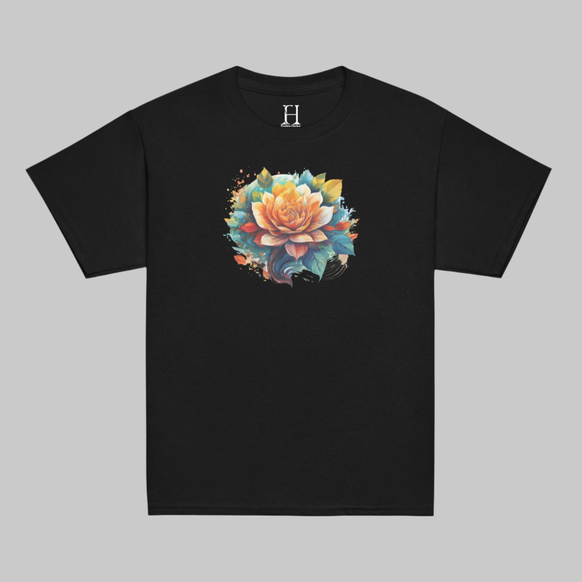 Front of Flora Vibes T-Shirt in Black with Floral Flower design.