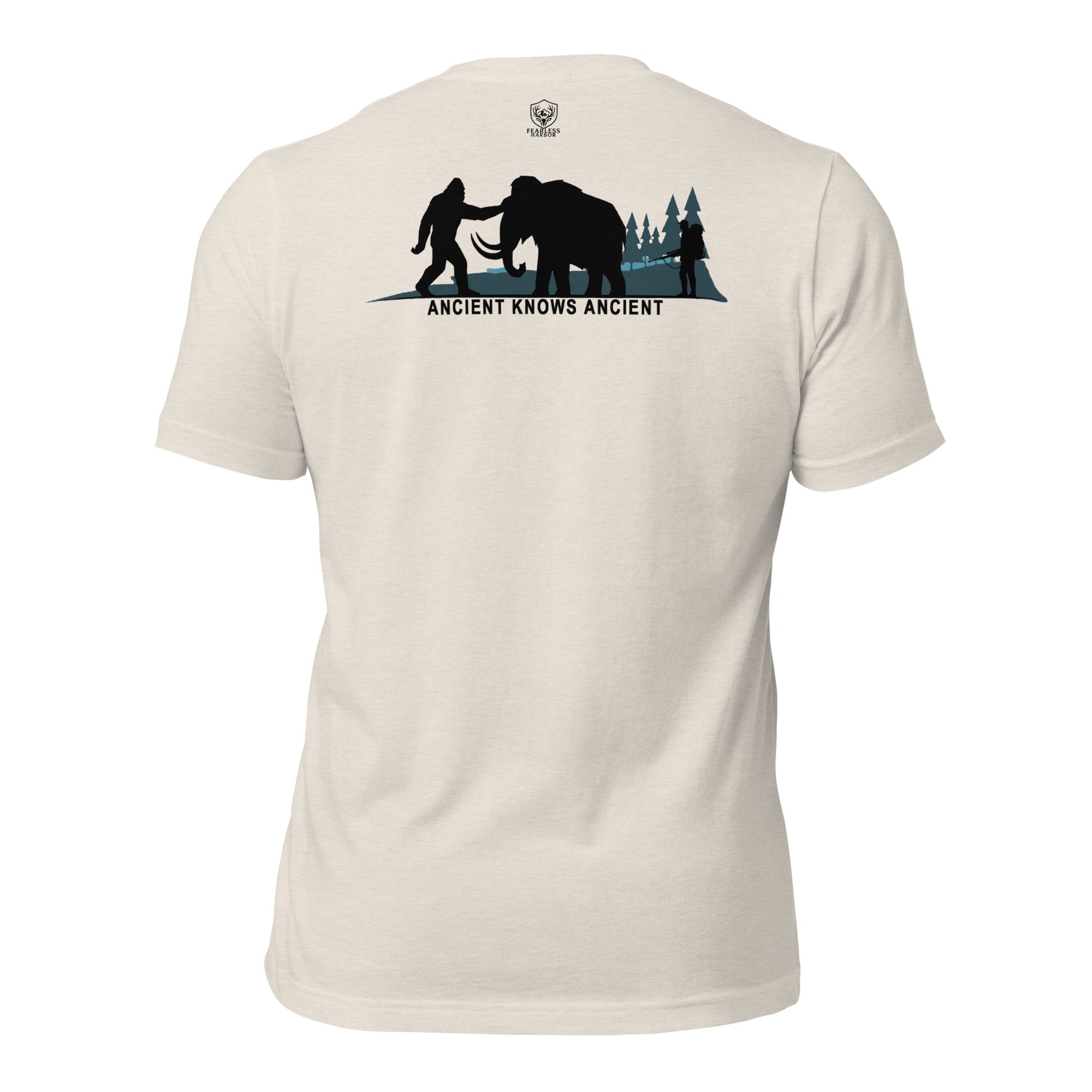 Men’s heather dust prehistoric hunting tee with ancient mammoth hunter scene and Bigfoot silhouette