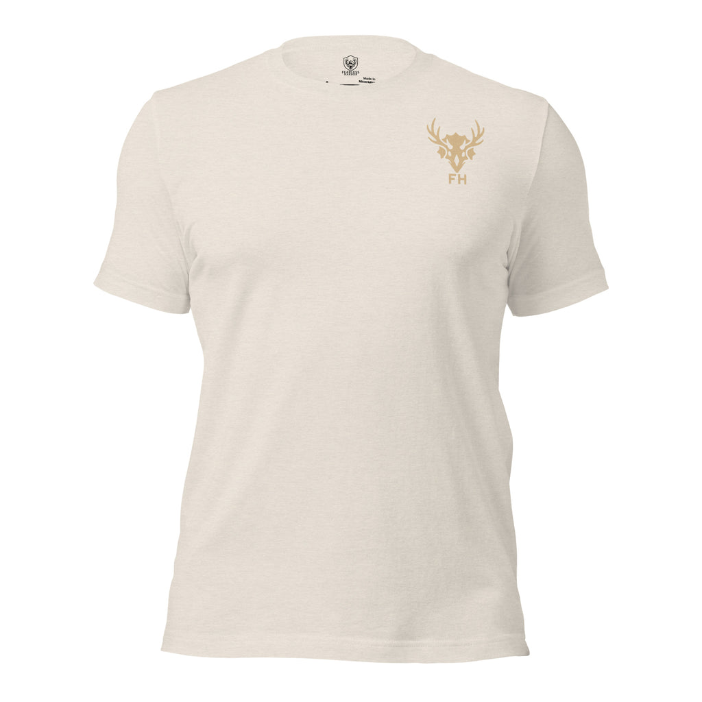 Men’s heather dust hunting tee featuring minimalist Fearless Harbor chest mark
