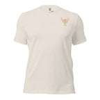 Men’s heather dust hunting tee featuring minimalist Fearless Harbor chest mark