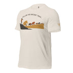 Mens Heather Dust Follow the Ancient Trail Core Tee left front view with clean Fearless Harbor branding