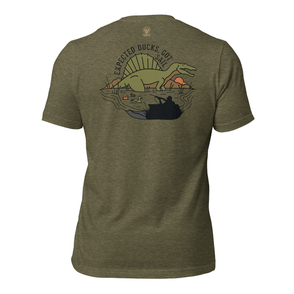 Heather Olive men’s duck hunting graphic tee back view showing sail backed dinosaur rising from flooded timber