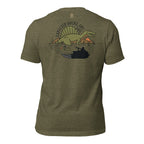 Heather Olive men’s duck hunting graphic tee back view showing sail backed dinosaur rising from flooded timber