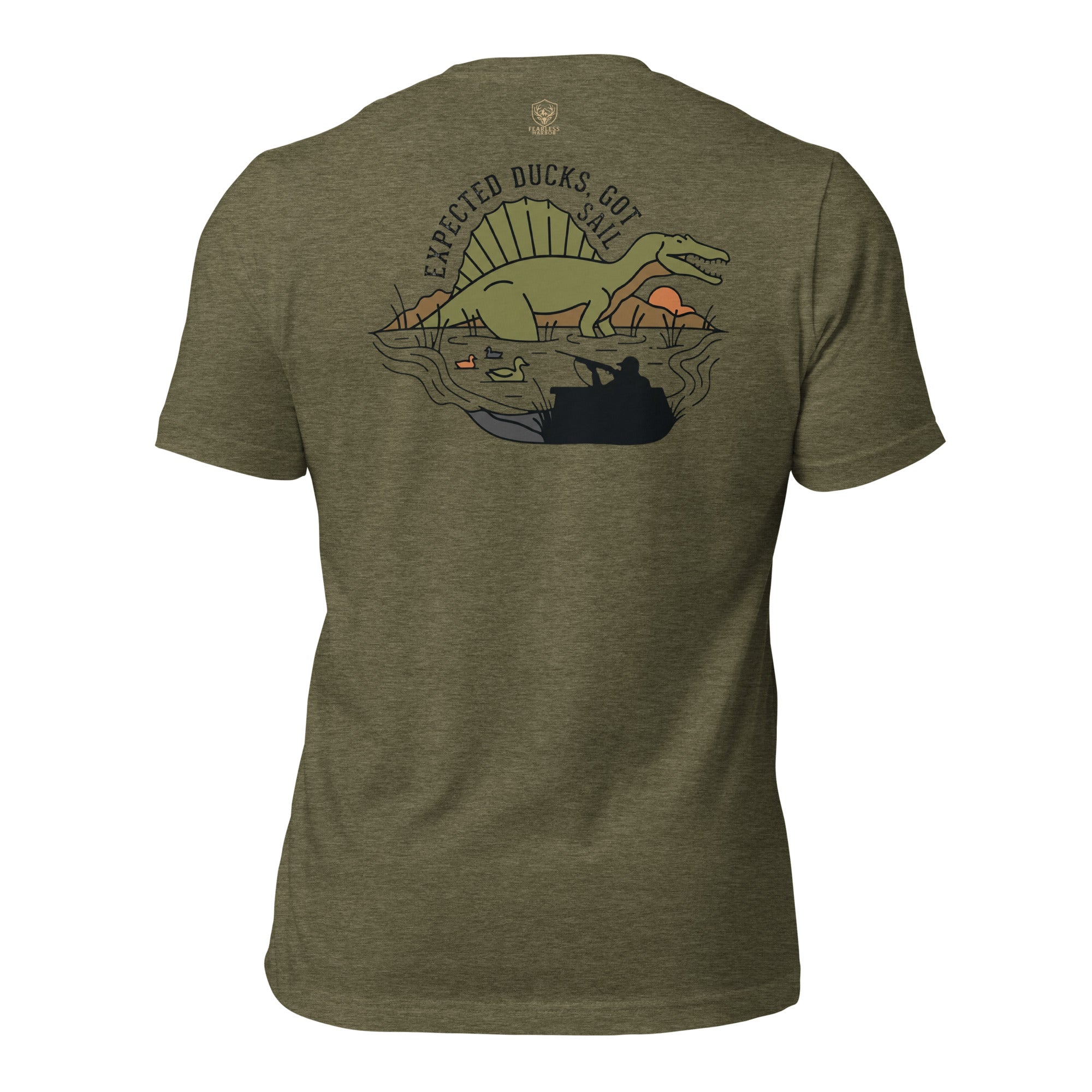 Heather Olive men’s duck hunting graphic tee back view showing sail backed dinosaur rising from flooded timber