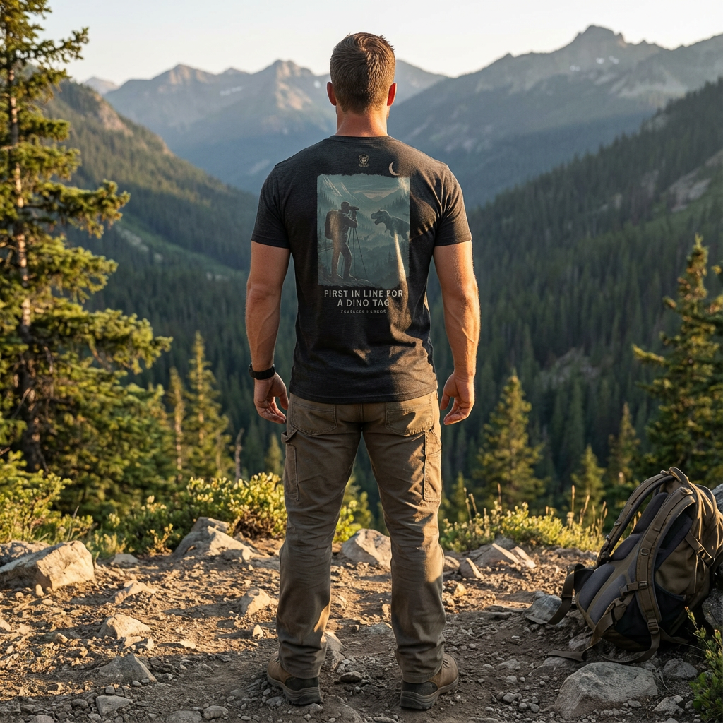 Man wearing Dinosaur Hunting Tee, with hunter standing on a mountain trail glassing a T-rex, with a scenic view of mountains and trees.